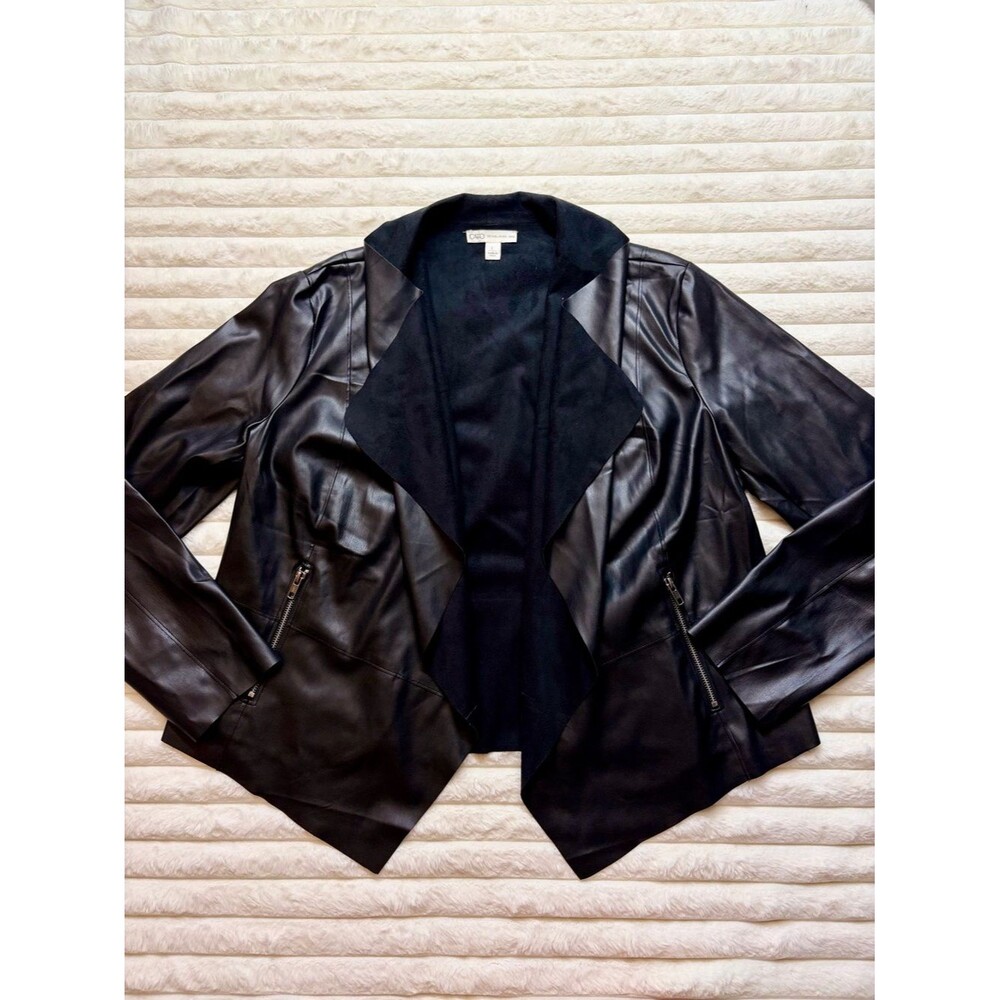 Cato Black Faux Leather Draped Open-Front Jacket